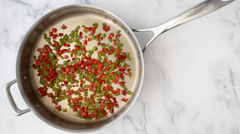 chopped bell peppers in pan