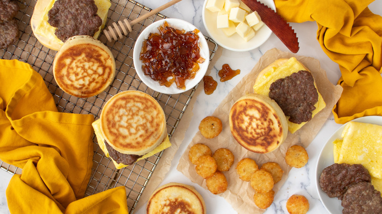 Breakfast sandwiches with solidified syrup chunks and hash browns