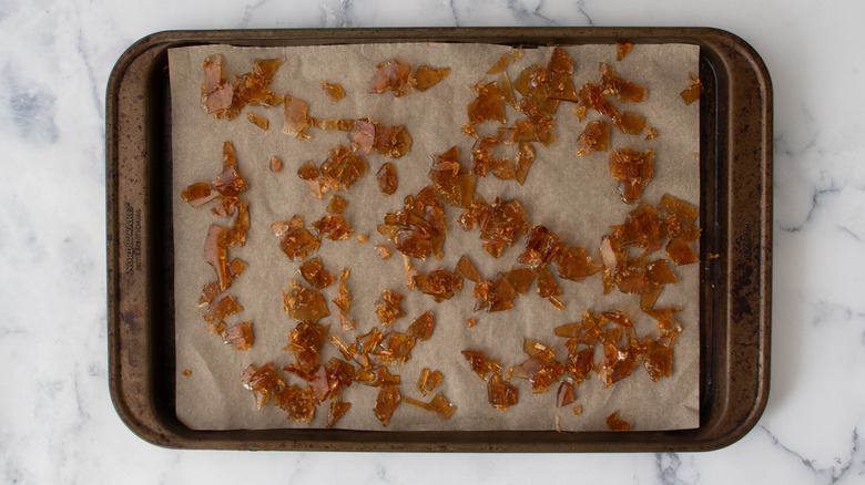 Solidified syrup in a metal baking pan