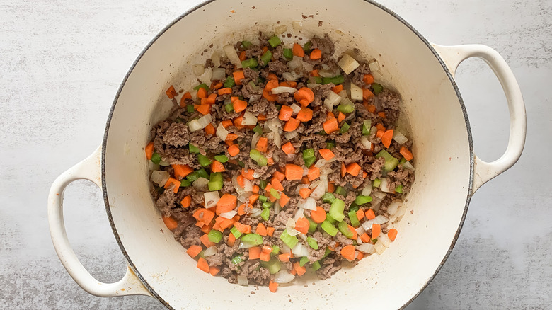 beef, veggie mixture in pot