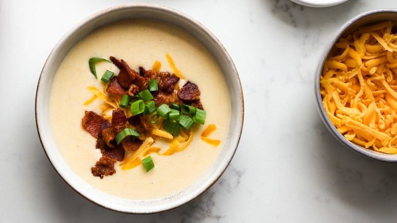 bacon garnished potato soup bowl