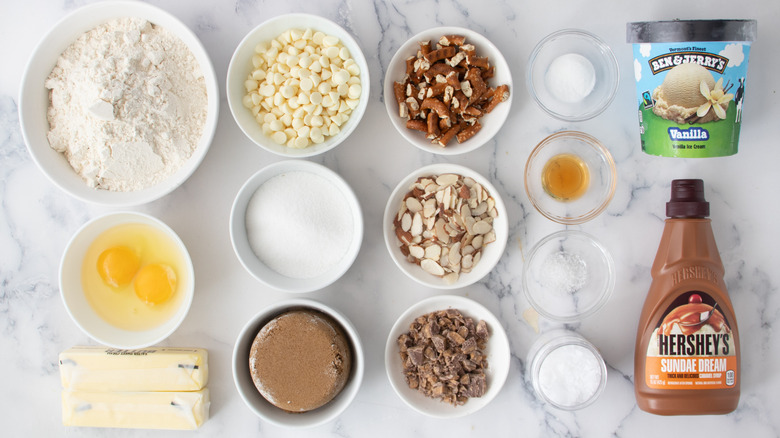 Baking ingredients, ice cream, and caramel syrup