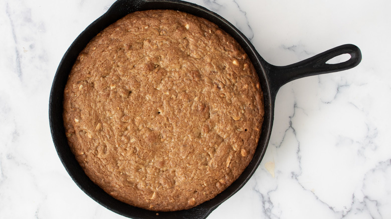 Skillet cookie on a marble countertop