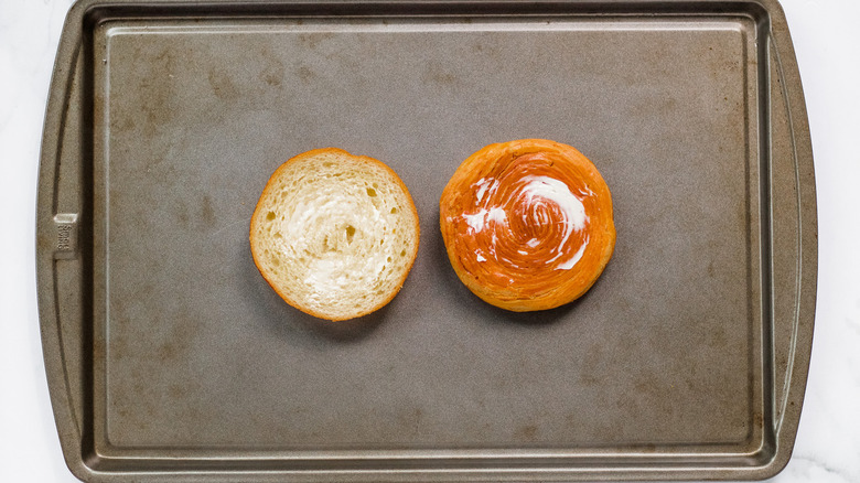 croissant halves on baking sheet