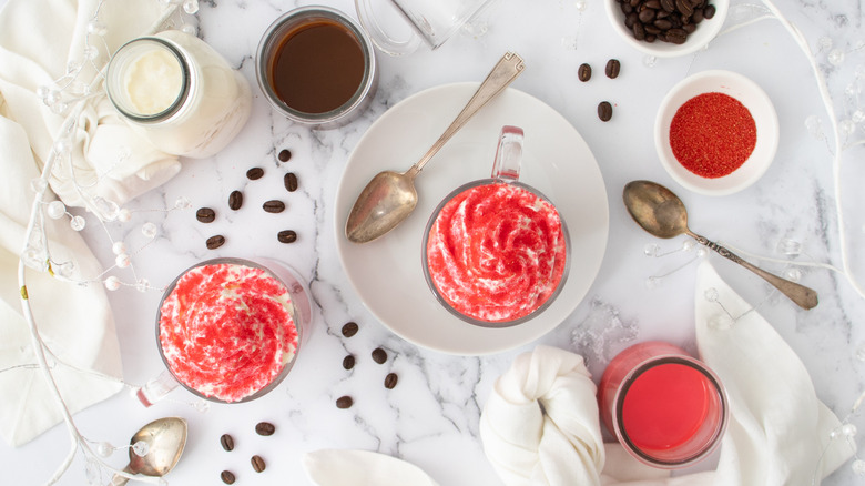 red velvet lattes from above