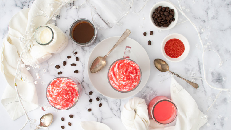 red velvet lattes from above