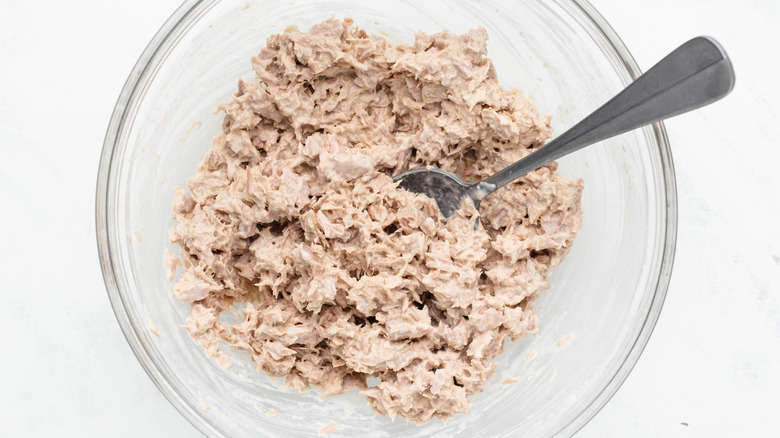 tuna salad in clear bowl