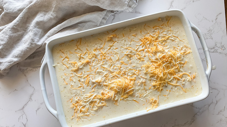 Unbaked macaroni and cheese with milk sauce