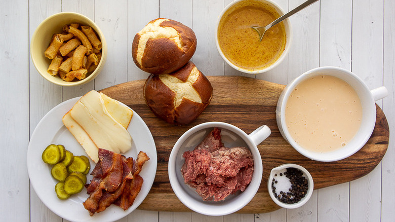 ingredients for pretzel bacon cheeseburger