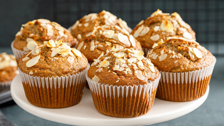 Banana nut muffins on platter 