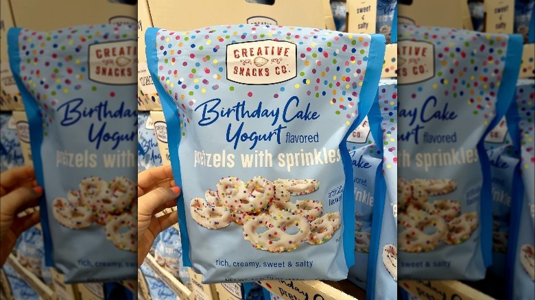 birthday cake yogurt flavored pretzels with sprinkles from costco