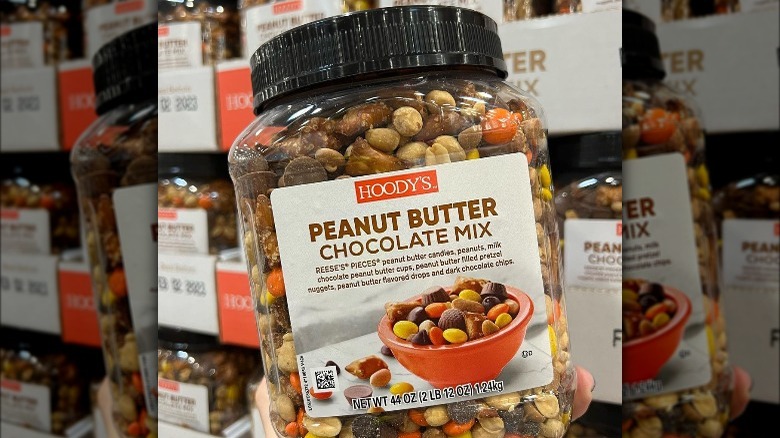 A jar of peanut butter chocolate snack mix