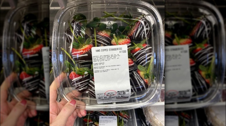 A plastic box of chocolate covered strawberries from Costco