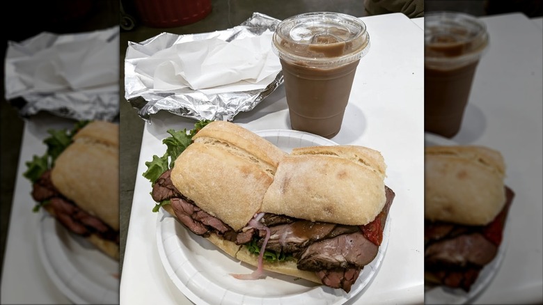 Costco roast beef sandwich with blended coffee drink