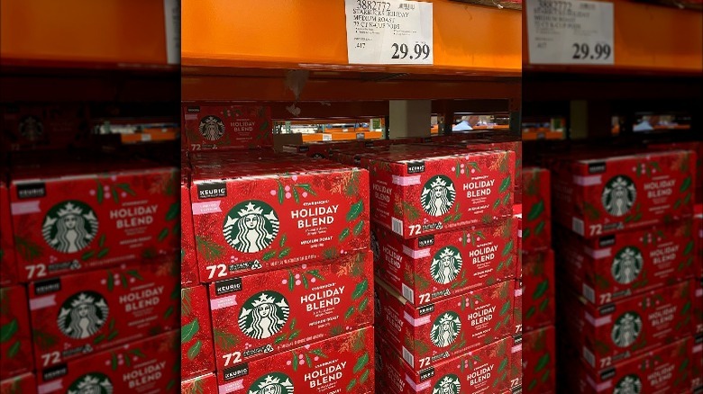 Starbucks Holiday Blend K-Cups stacked at Costco