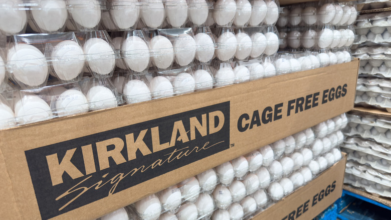 Crates of Kirkland Signature cage-free eggs