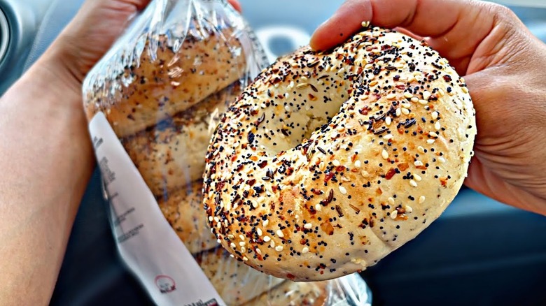 A handheld Kirkland Signature Bagel