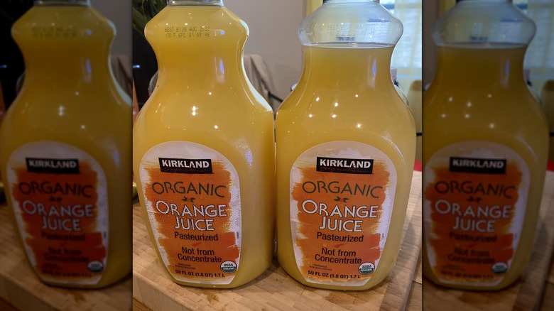 Bottles of Kirkland Signature Organic Orange Juice