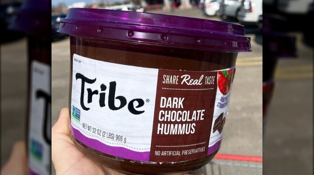 Tub of dark chocolate hummus