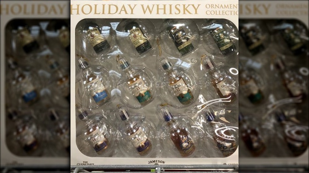 box of whisky ornaments at Costco