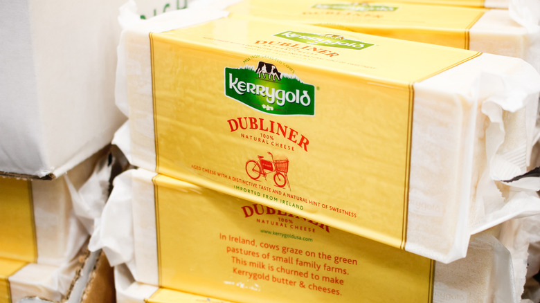 Large blocks of dubliner cheese in package