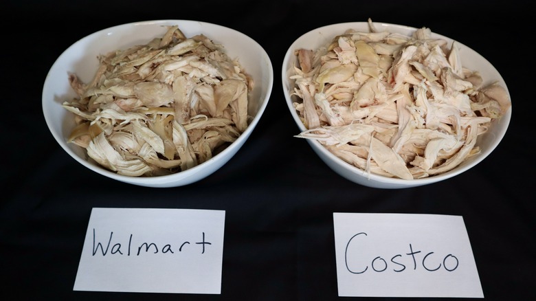 two bowls of chicken with Walmart and Costco labels below