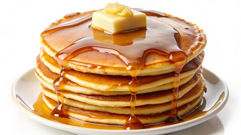 stacked pancakes with syrup