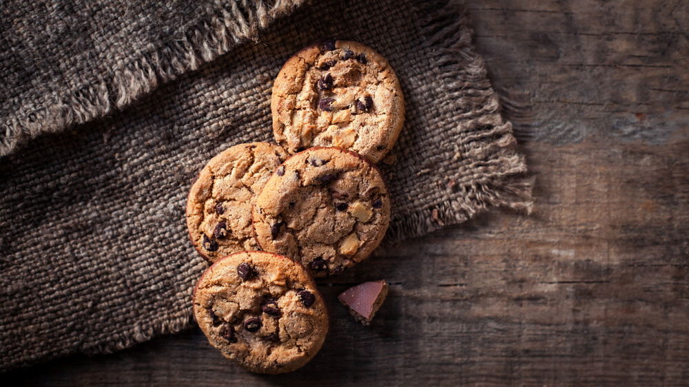 Chocolate chunk cookies on a brown table