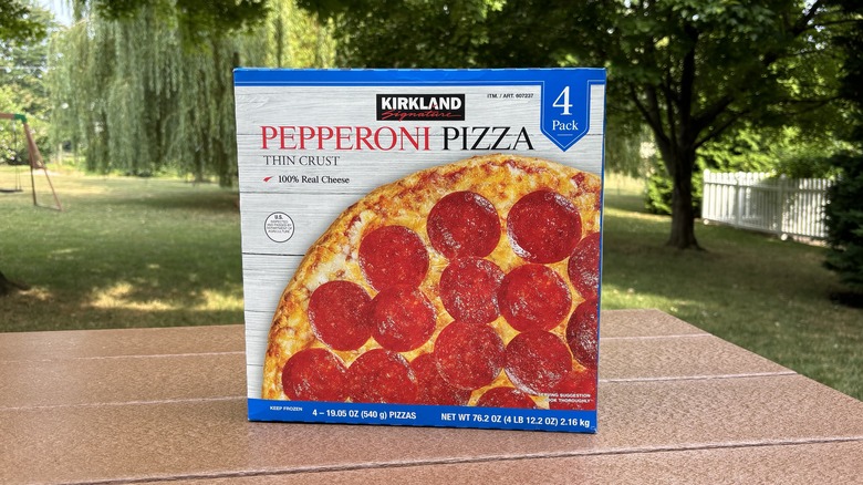 box of Kirkland pepperoni pizzas