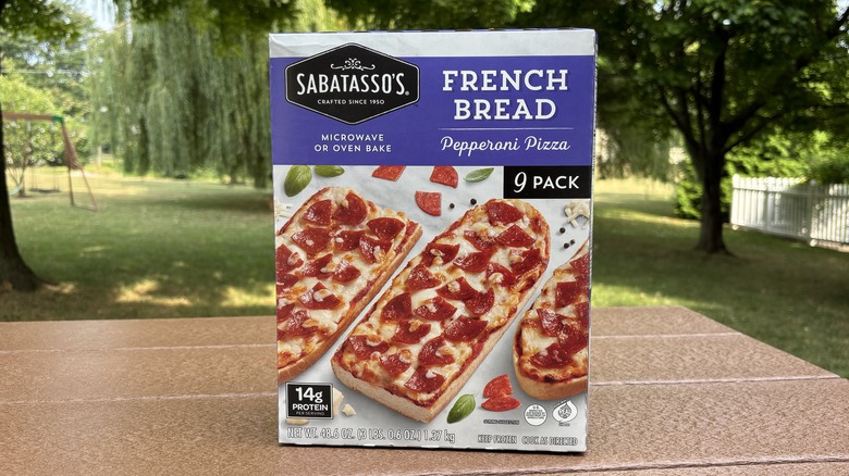 box of Sabatasso's French bread pizzas