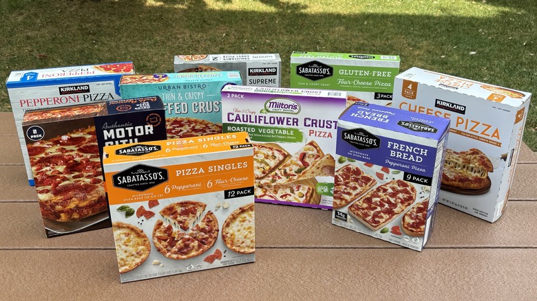 variety of frozen pizza boxes from Costco