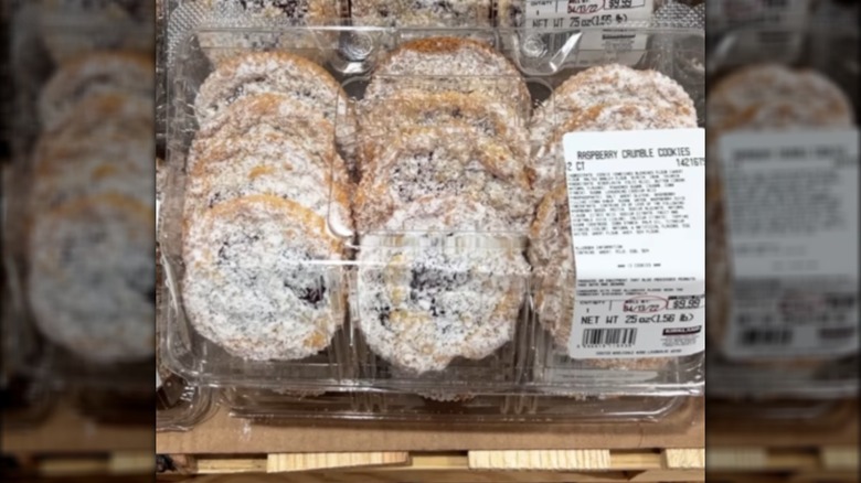 Costco raspberry cookies in plastic box on store shelf