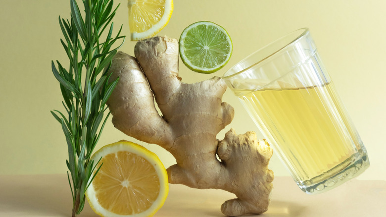 ginger surrounded by lemonade, lemons, limes, herbs