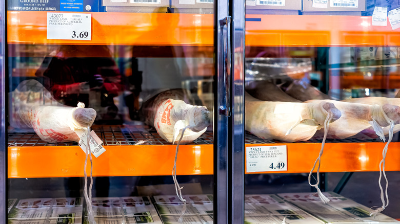 Whole packaged lambs in Costco refrigerated meat aisle