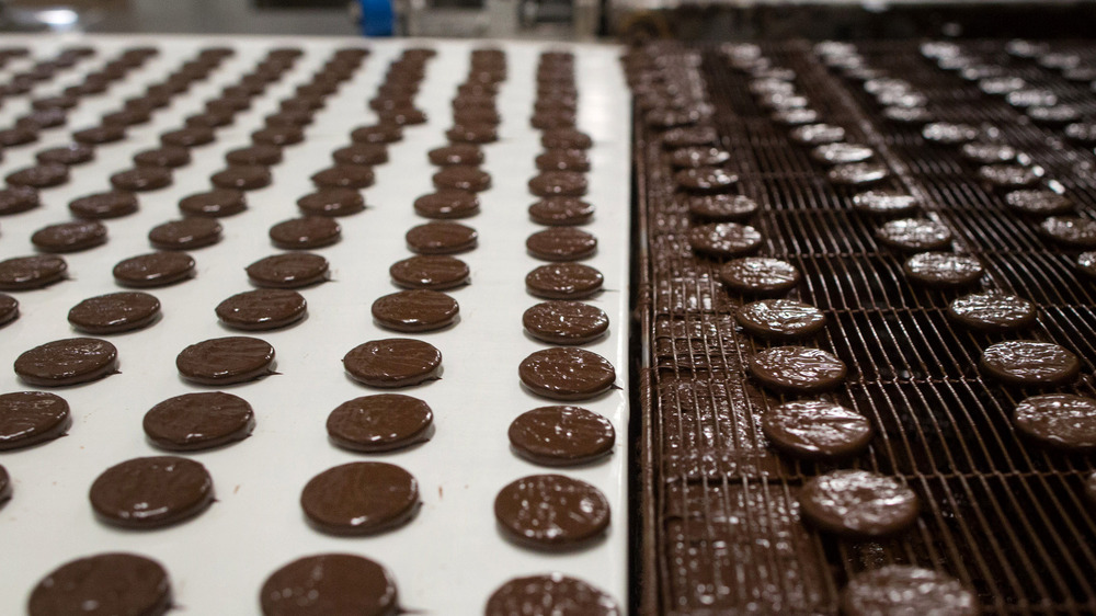 Thin mint cookies in production