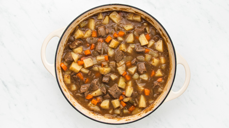 Beef stew in casserole pot