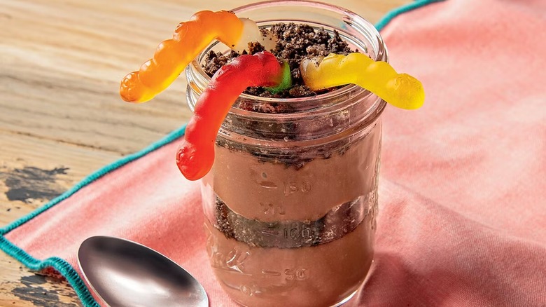 dirt cup dessert with gummy worms