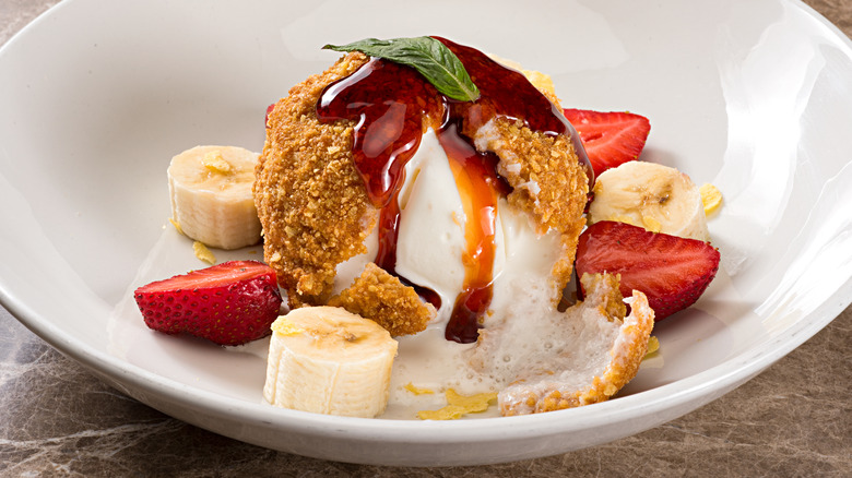 fried ice cream with bananas and strawberries