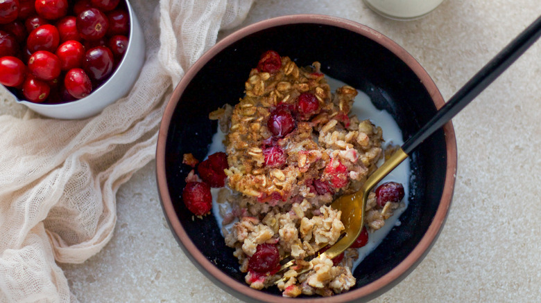 cranberry oatmeal in bowl with milk