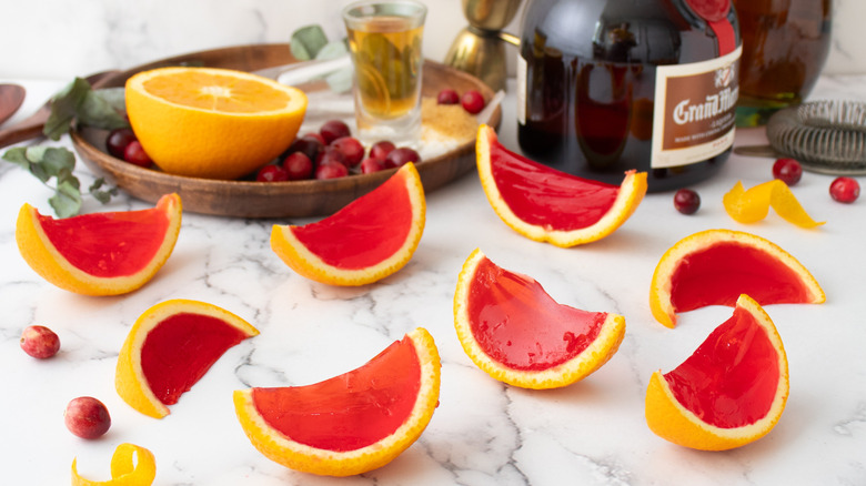 cranberry jello shots in orange peels