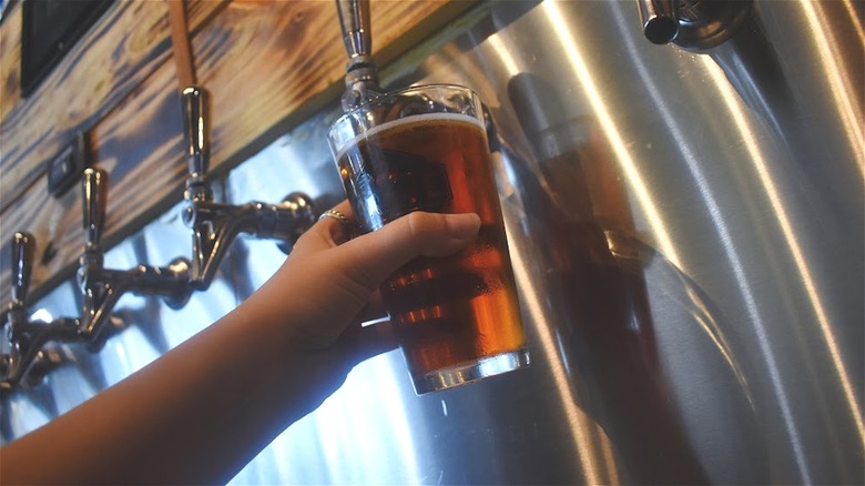 person filling beer glass