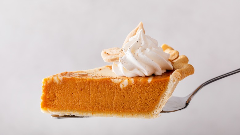 Thick slice of pumpkin pie balanced on a fork