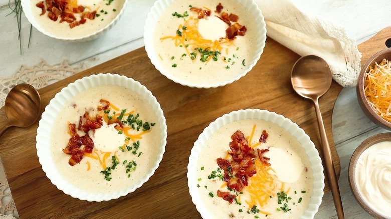 three bowls of bacon soup