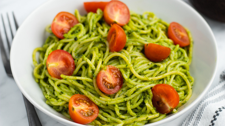 creamy avocado pasta in bowl