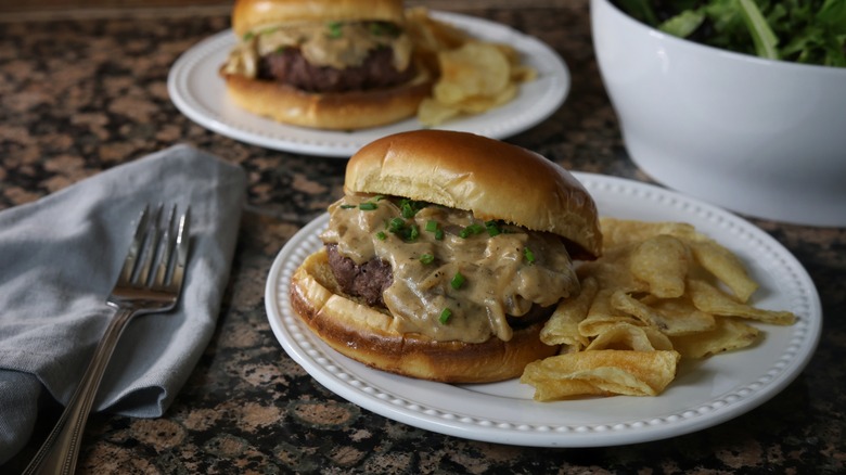 plated beef stroganoff burger