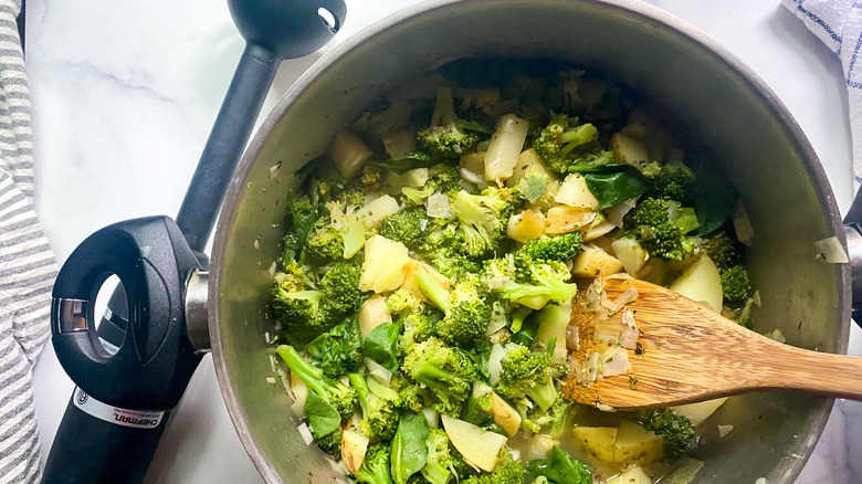 creamy broccoli soup being prepared