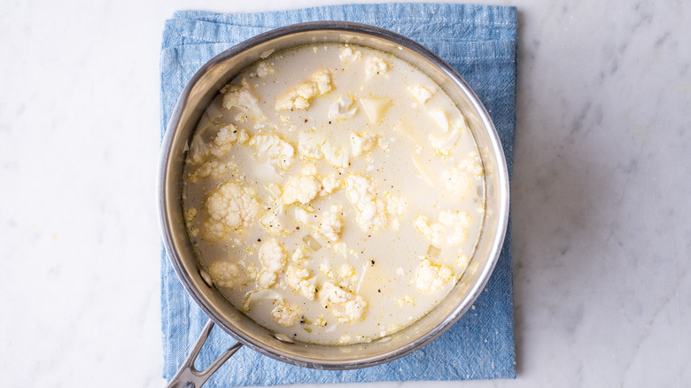 Cauliflower potato soup in a pot