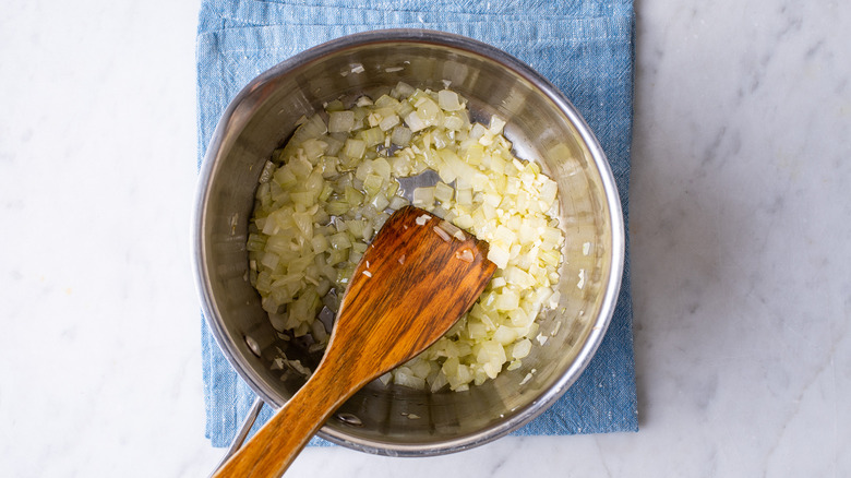 Sauteed onions in frying pan