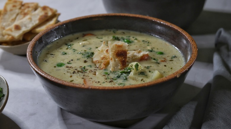 bowl of chicken pot pie soup