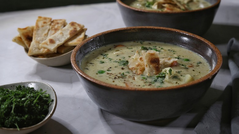 bowl of chicken pot pie soup